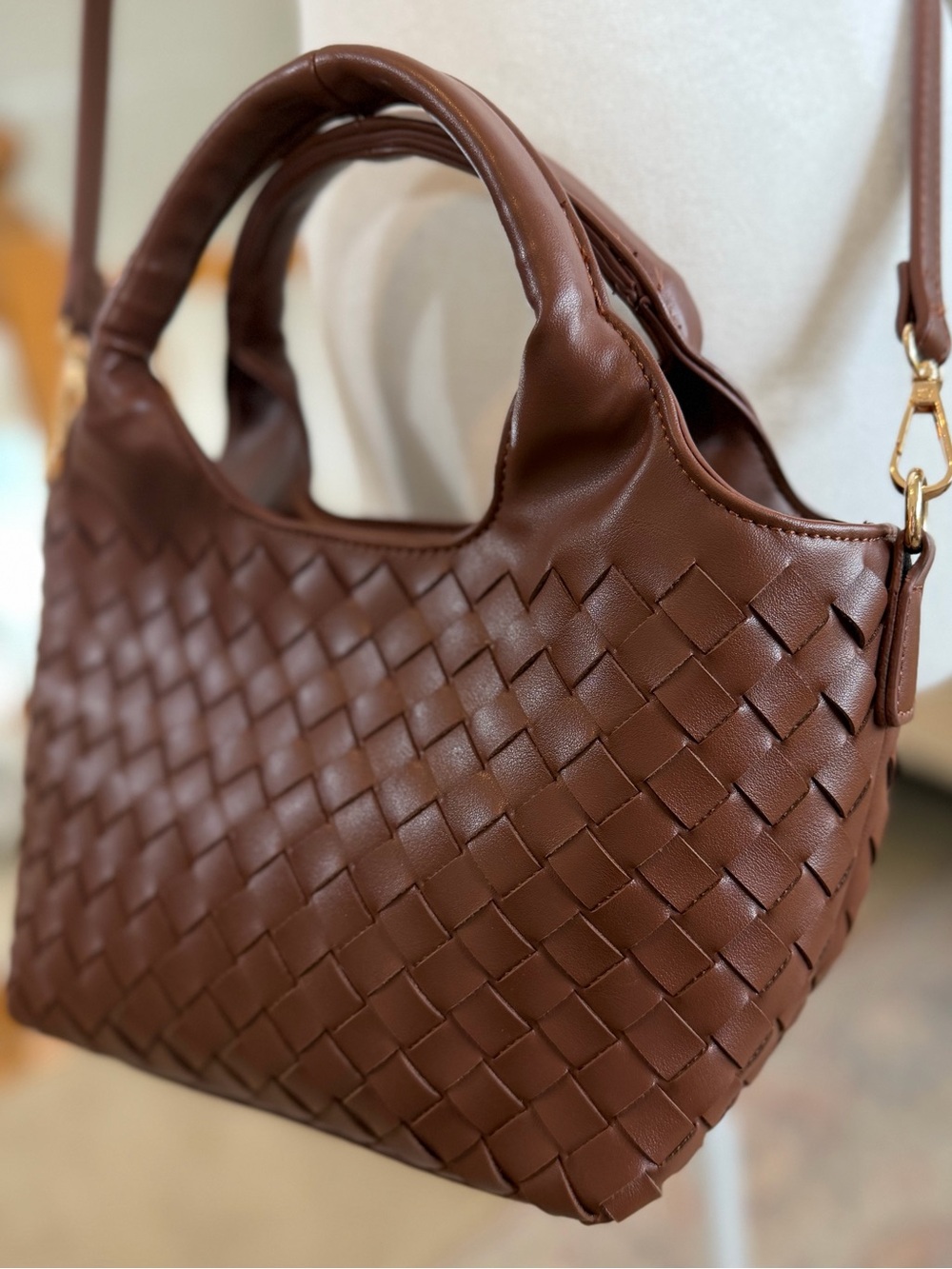 Woven Boho Bag Brown Vegan Leather Crossbody Top Handle Shoulder Handbag Purse - Picture 2 of 10